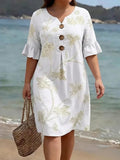 Stephanie | Linen Tropical V-Neck Knee-Length Dress