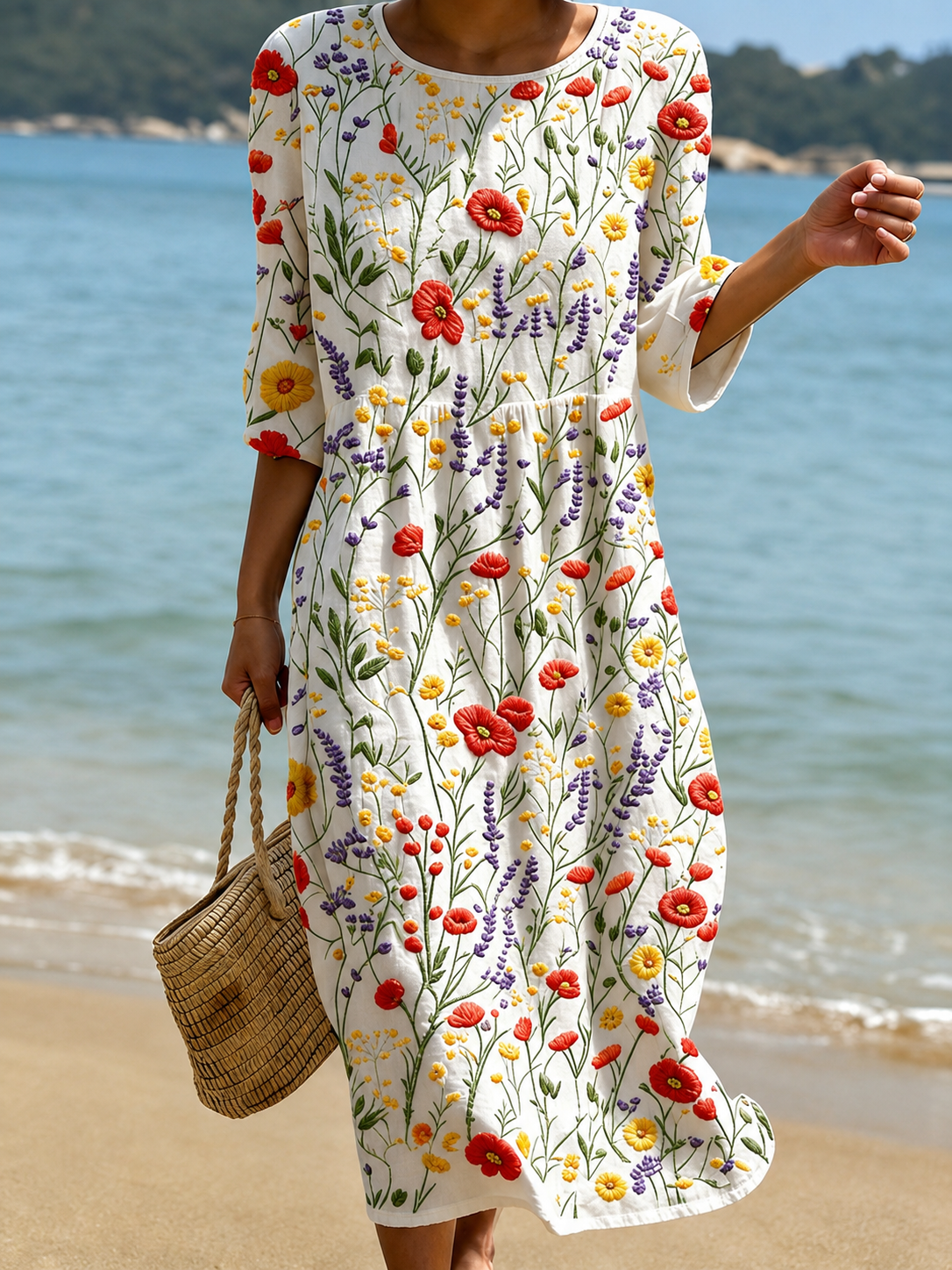 Caroline Linen Floral Round Neck Maxi Dress