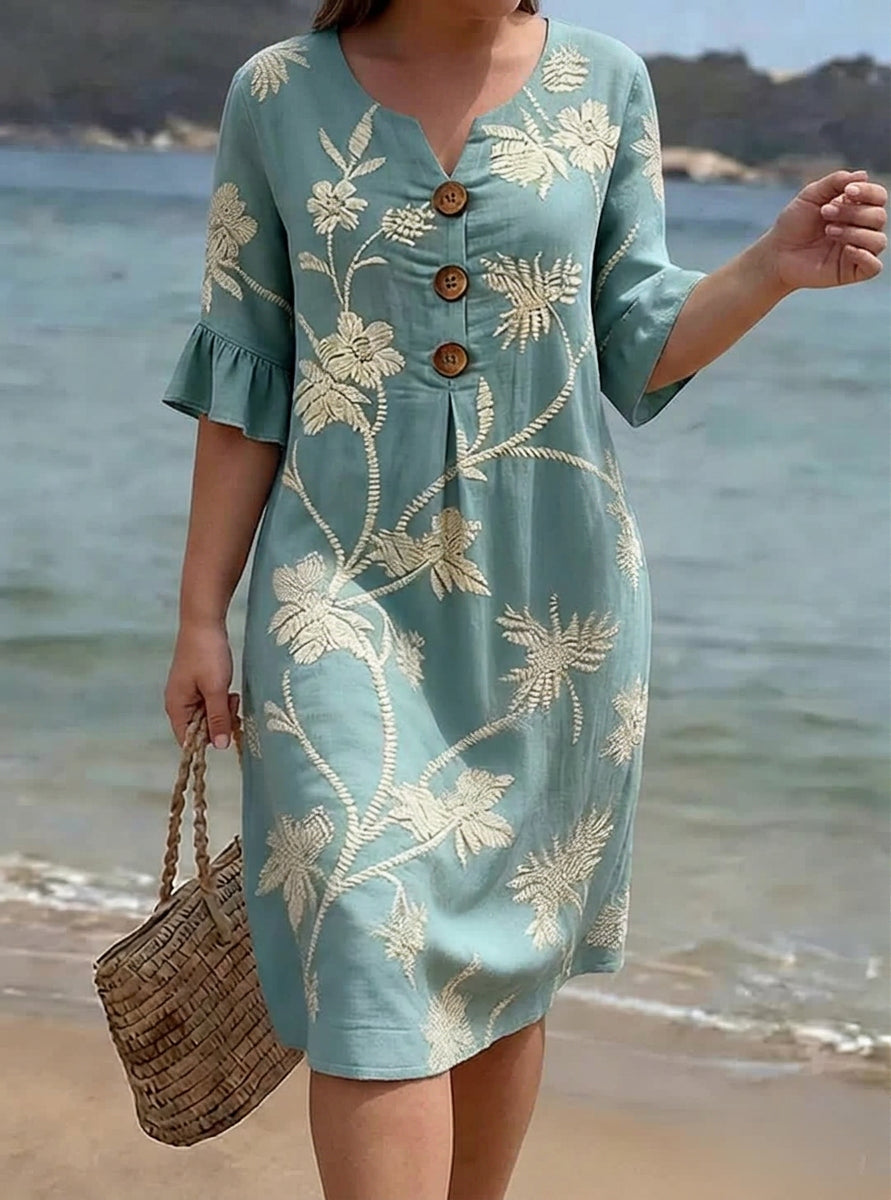 Nina | Linen Tropical V-Neck Knee-Length Dress