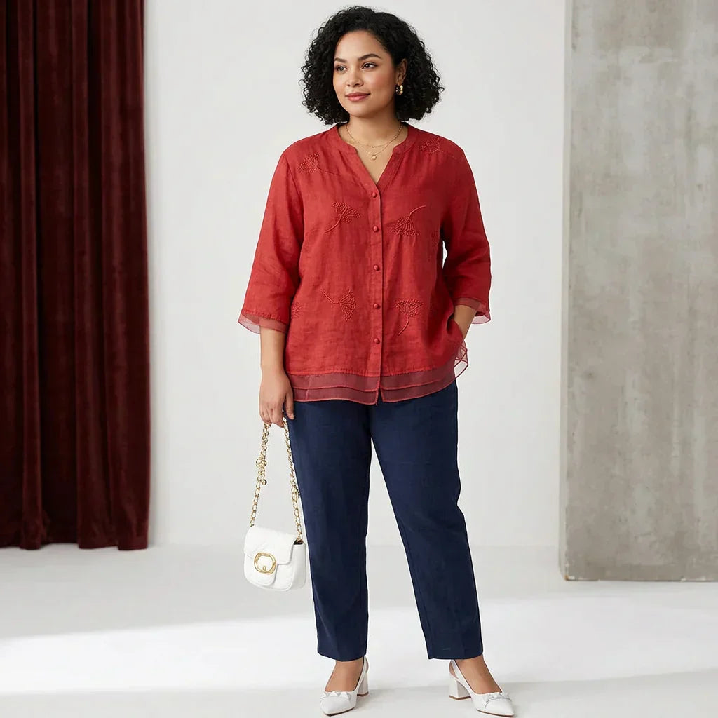 Celeste Linen Embroidered V-Neck Top