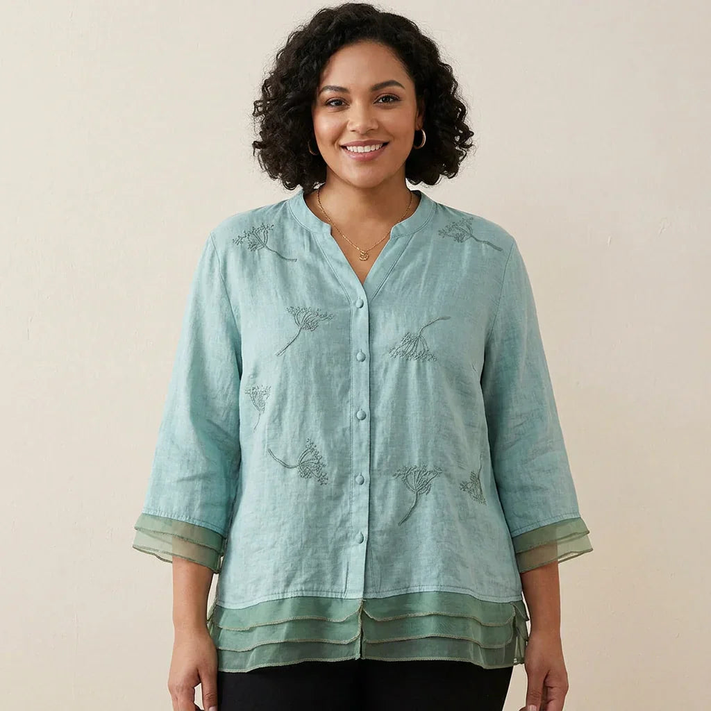 Celeste Linen Embroidered V-Neck Top – view 2