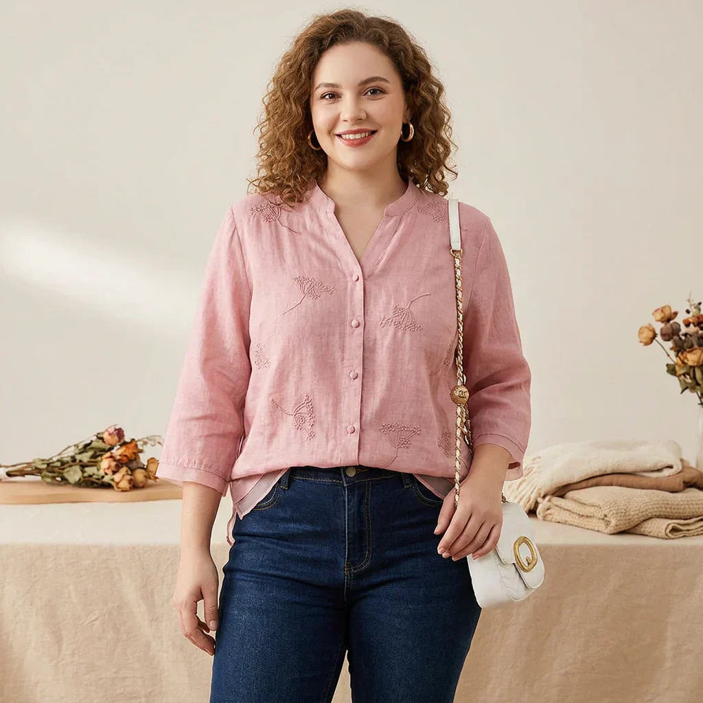 Celeste Linen Embroidered V-Neck Top – view 3