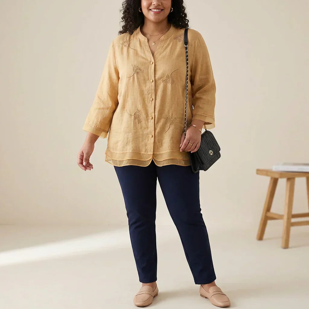 Celeste Linen Embroidered V-Neck Top – view 4