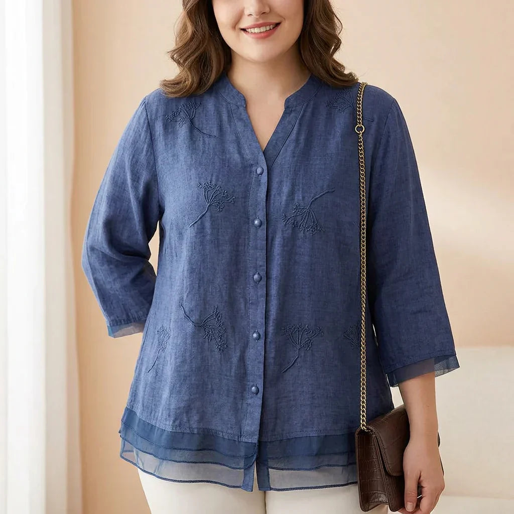 Celeste Linen Embroidered V-Neck Top – view 5