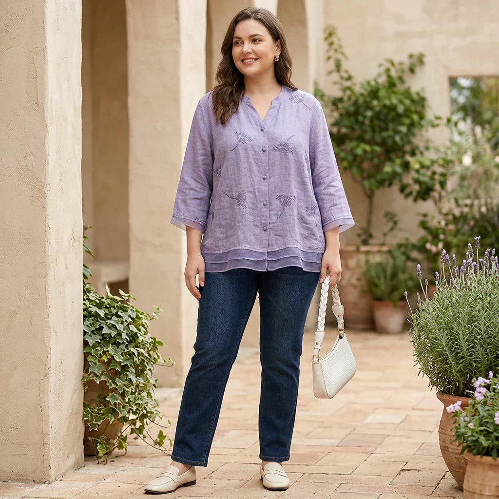 Celeste Linen Embroidered V-Neck Top – view 6