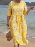 Clarissa Linen Floral Round Neck Midi Dress