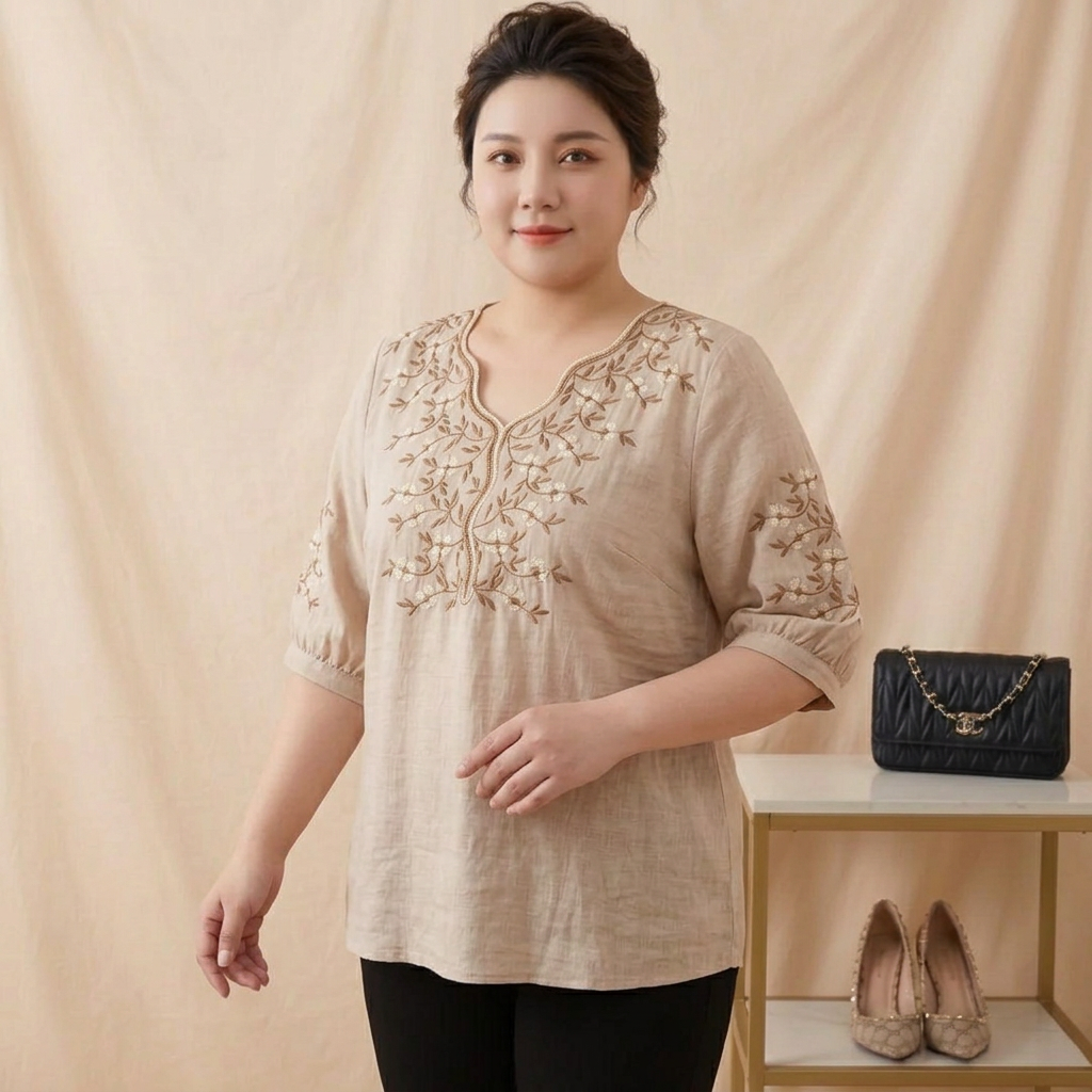 Catherine | Linen Floral V-Neck Tunic