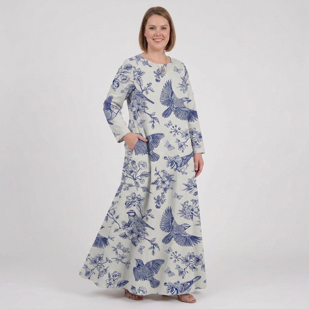 Isla | Linen Floral Round Neck Maxi Dress