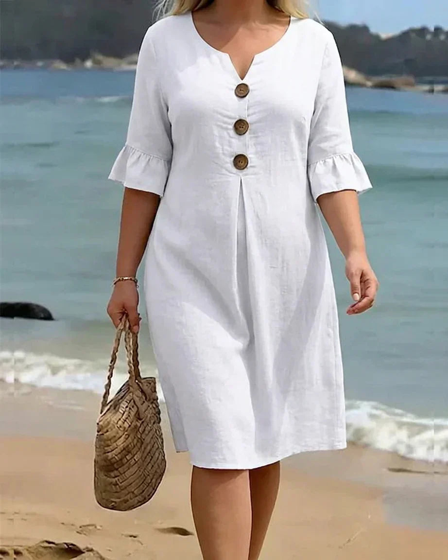 Crystal Linen V-Neck Knee-Length Dress – view 2