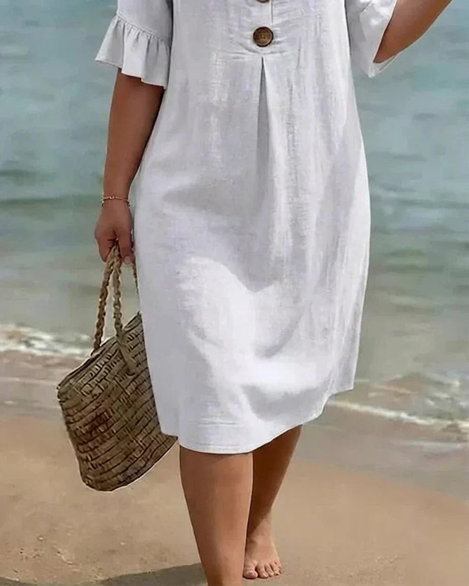 Crystal Linen V-Neck Knee-Length Dress – view 4