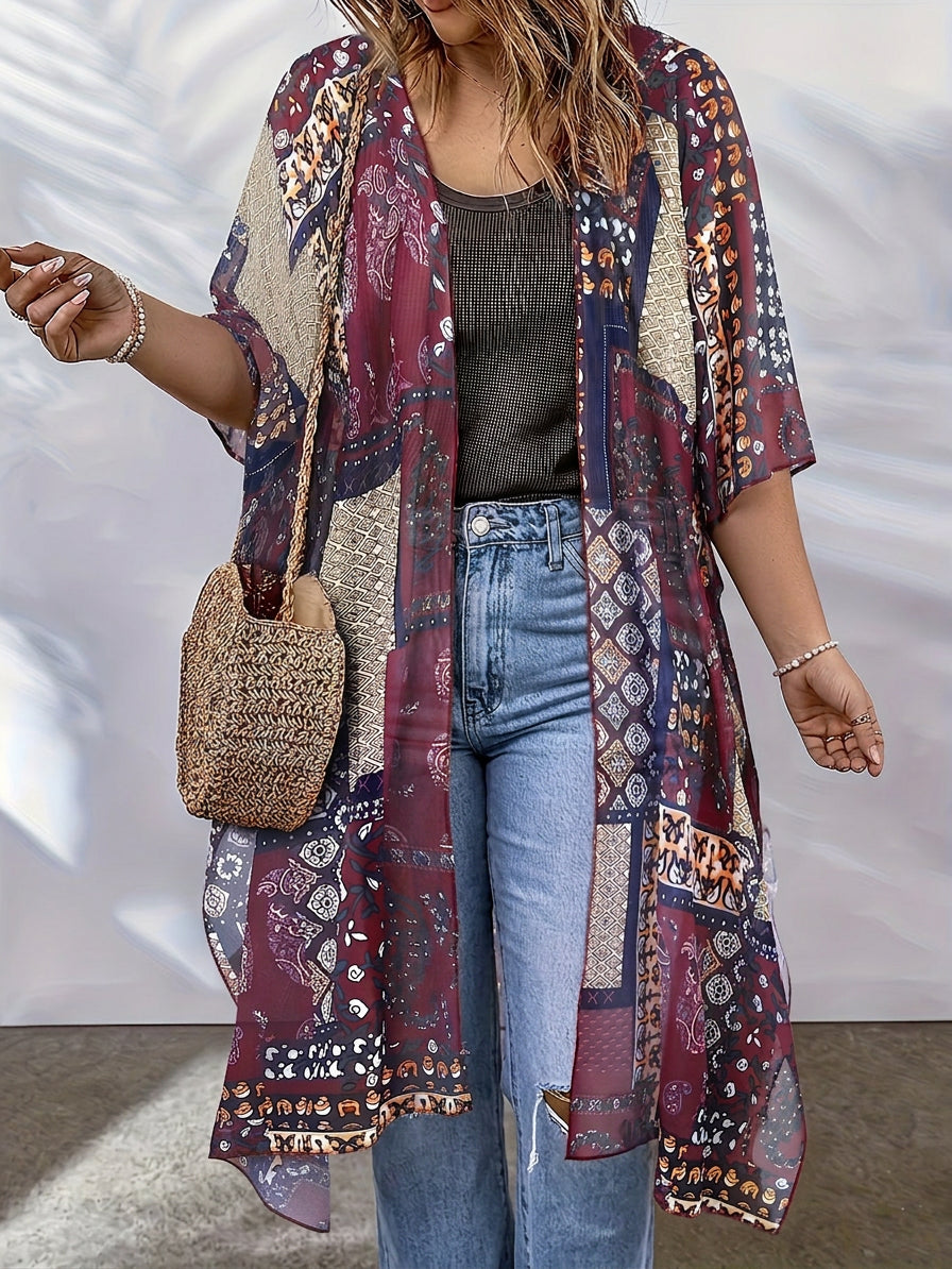 Cynthia | Chiffon Paisley 3/4 Sleeve Longline Kimono