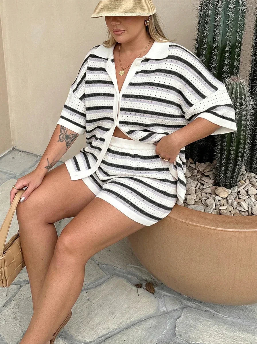 Reagan | Crochet Striped Collared Two-Piece Shorts Set