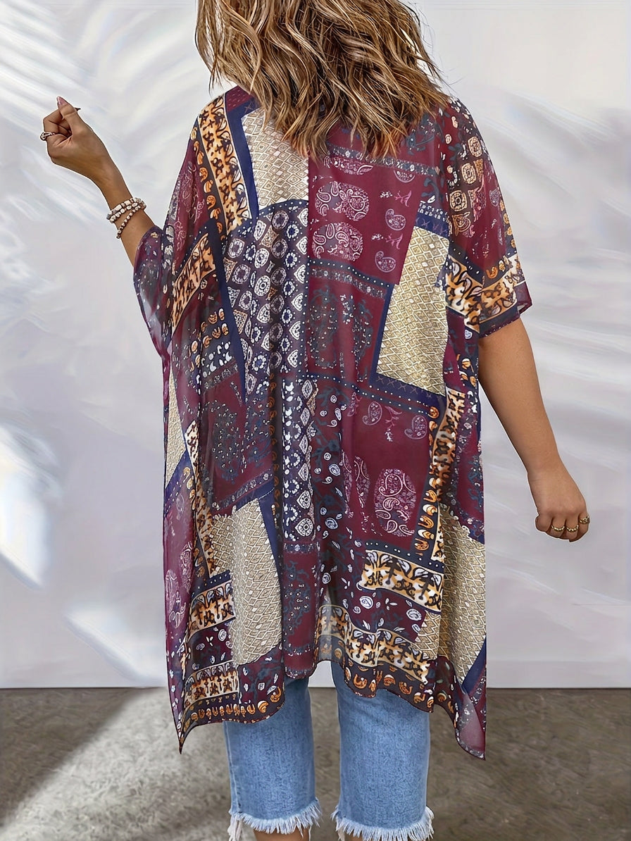 Cynthia | Chiffon Paisley 3/4 Sleeve Longline Kimono