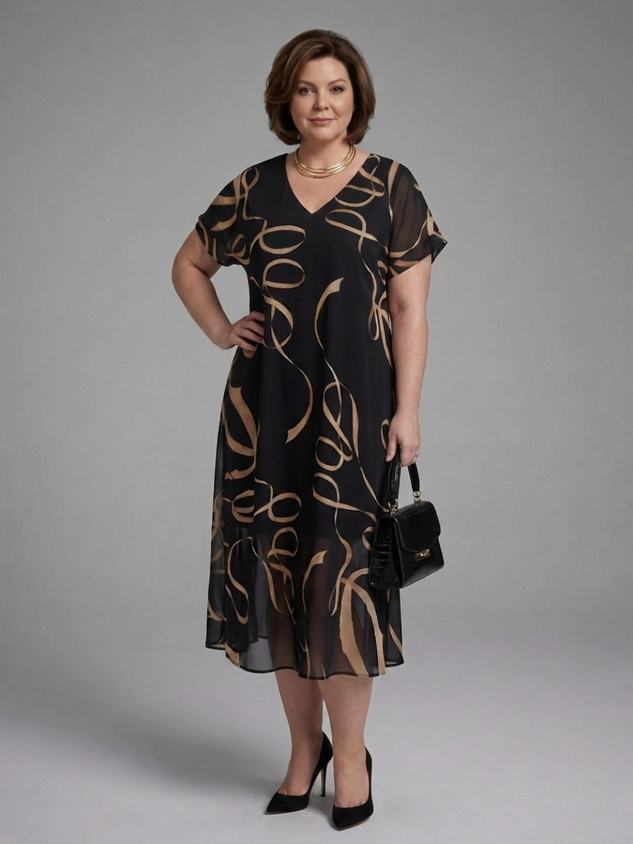 Elizabeth Chiffon Abstract V-Neck Midi Dress