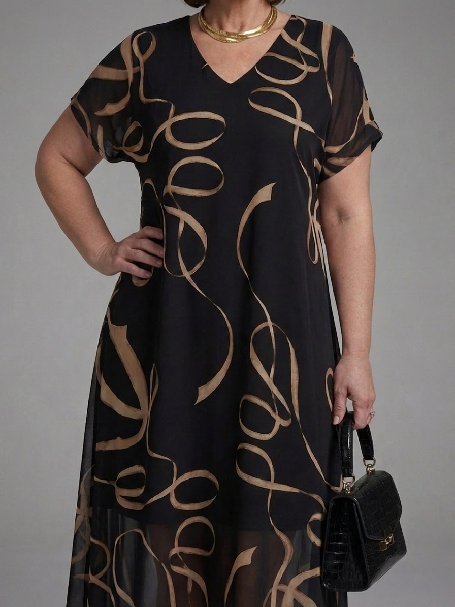 Elizabeth Chiffon Abstract V-Neck Midi Dress – view 3