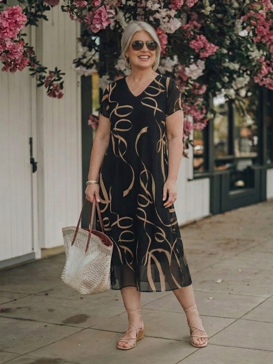 Elizabeth Chiffon Abstract V-Neck Midi Dress – view 6