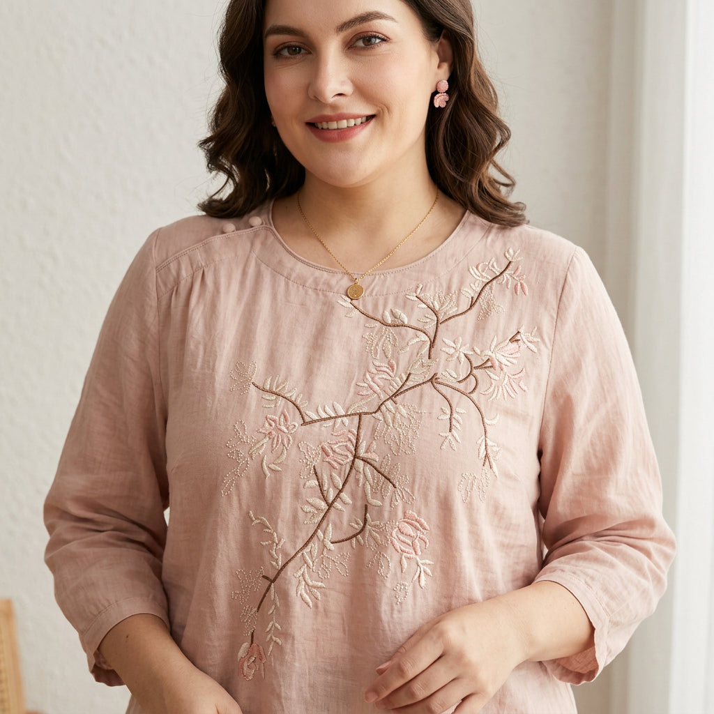 Emily Linen Floral Round Neck Top – view 4