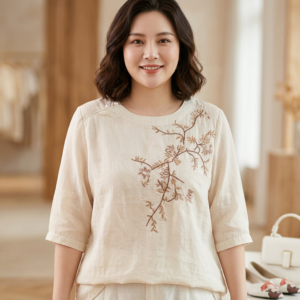 Emily Linen Floral Round Neck Top – view 7