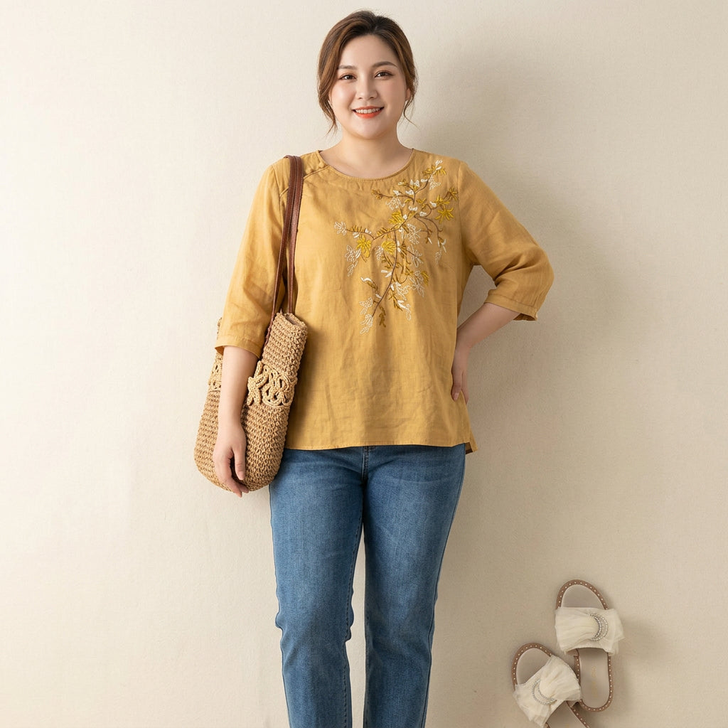 Emily Linen Floral Round Neck Top – view 8