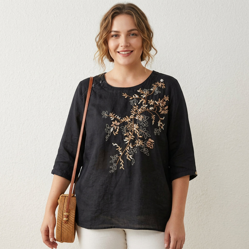 Emily Linen Floral Round Neck Top – view 9