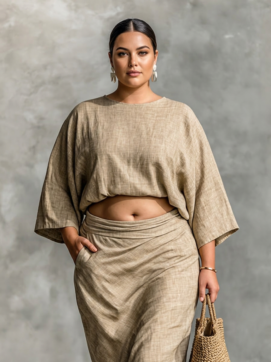 Holly | Linen Batwing Sleeve Two-Piece Skirt Set