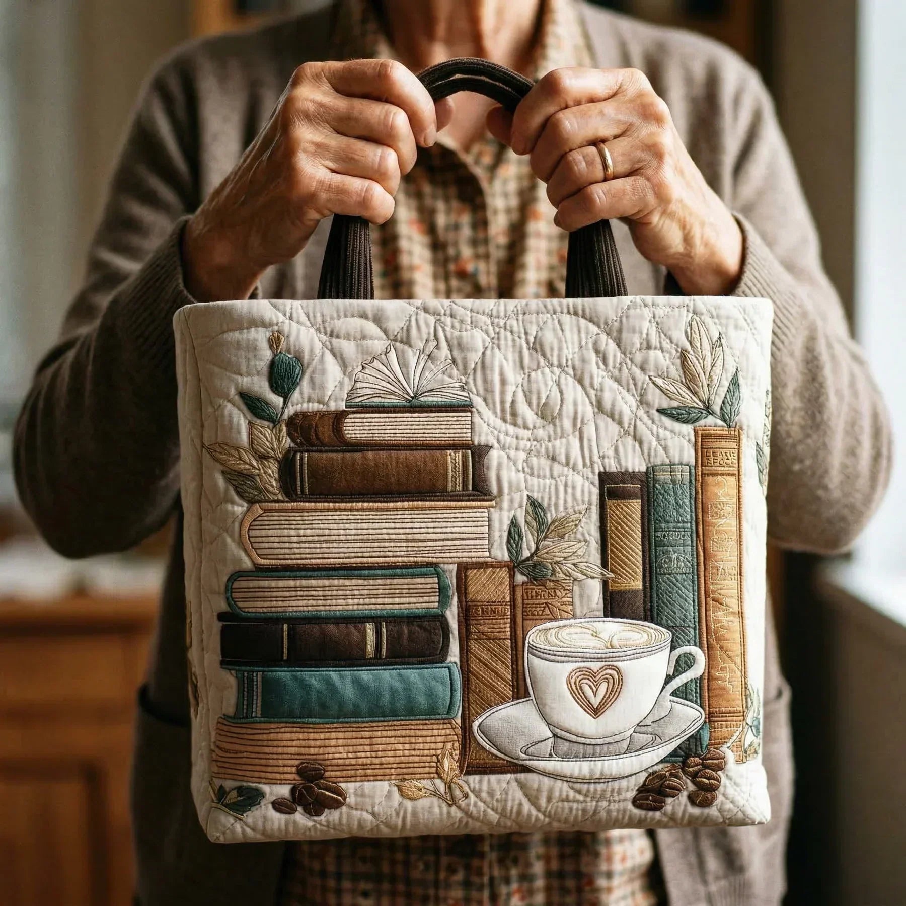 Jordan | Books and Coffee Quilted Tote Bag
