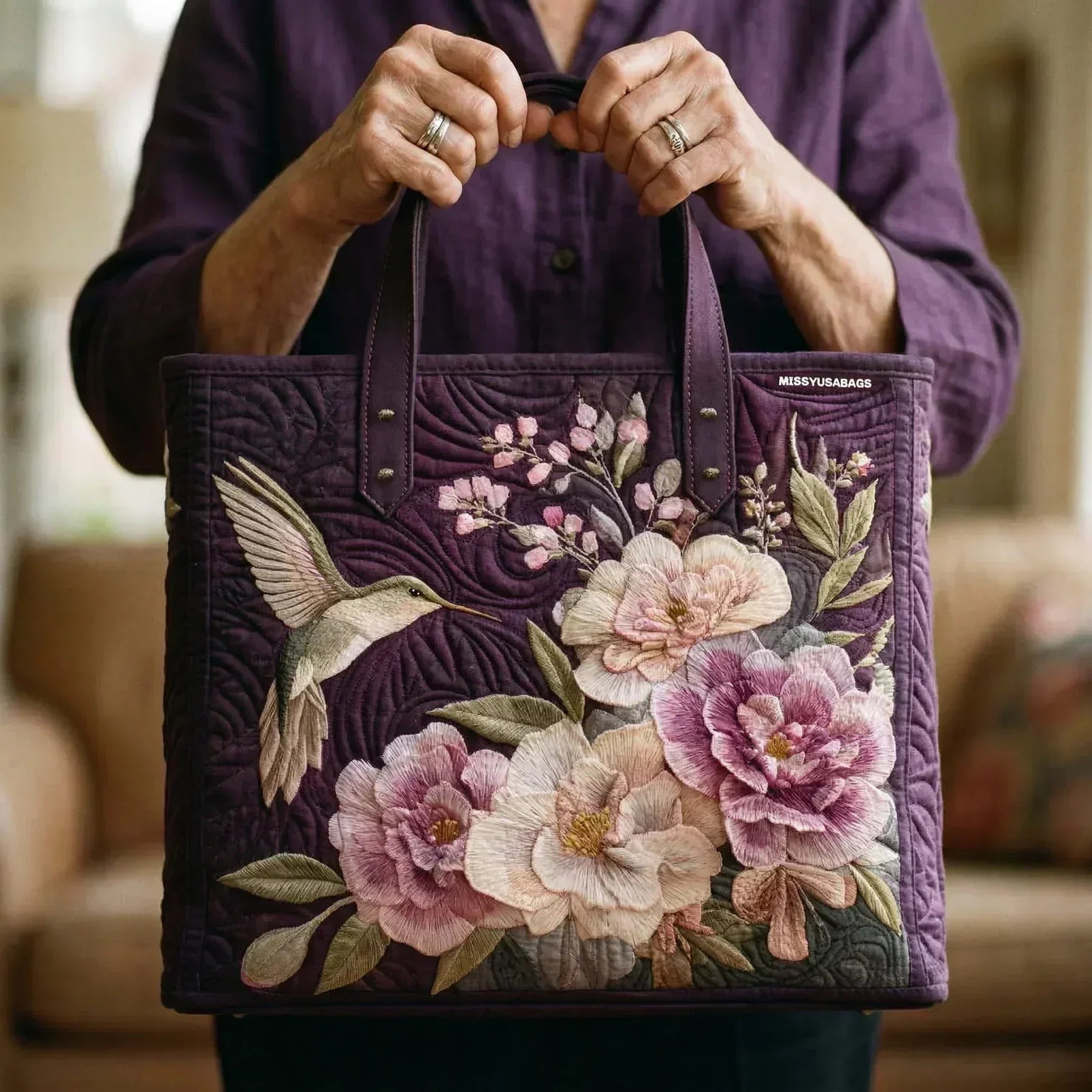 Raquel | Hummingbird and Peony Quilted Tote Bag