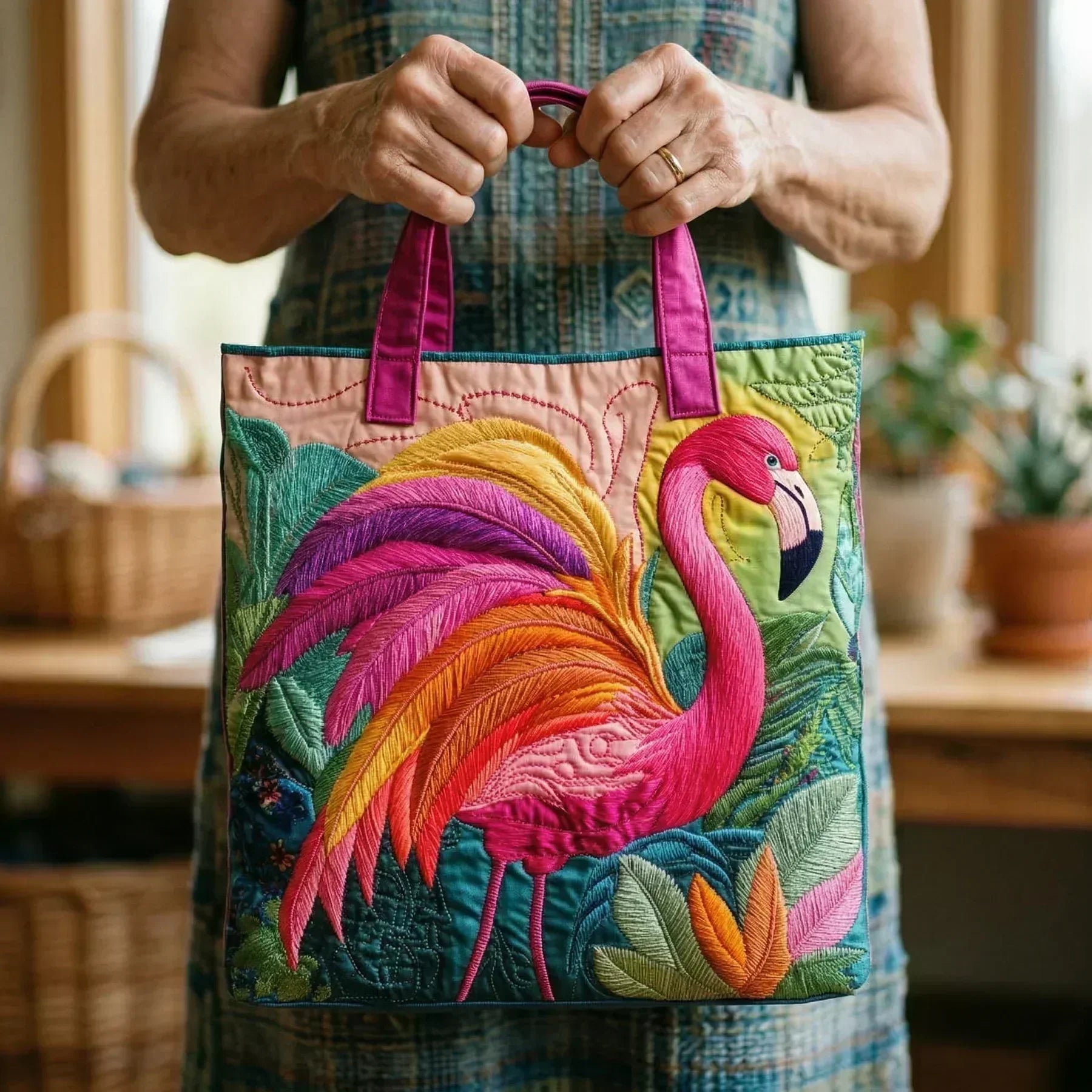 Sonia | Rainbow Flamingo Quilted Tote Bag
