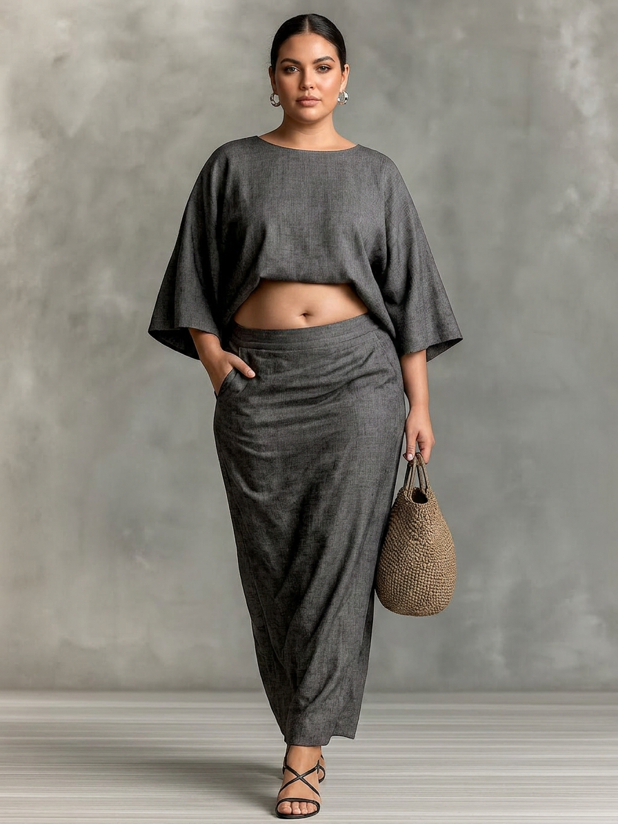 Holly | Linen Batwing Sleeve Two-Piece Skirt Set