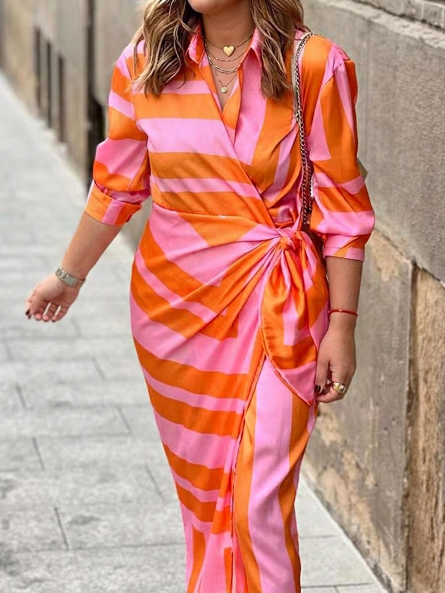 Grace Satin Striped Collared Maxi Dress