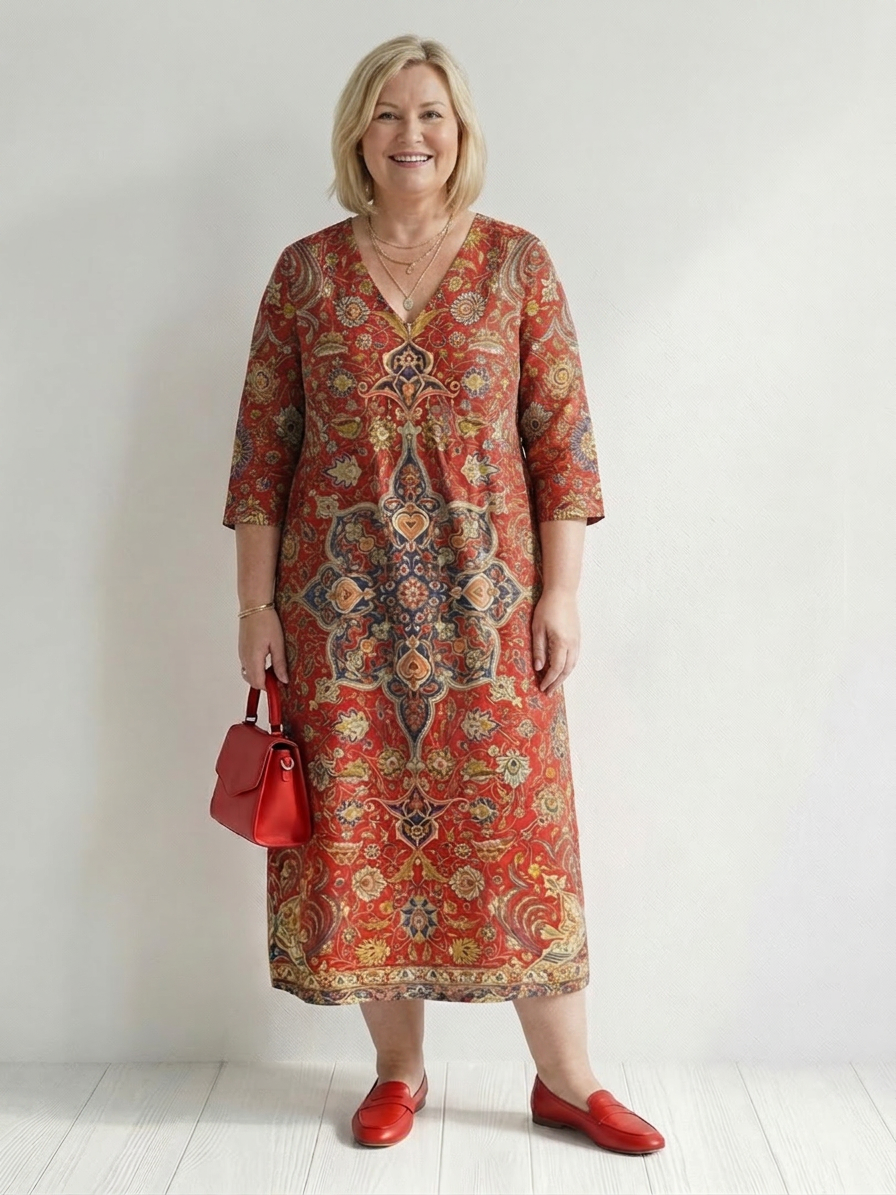 Greta Damask V-Neck Midi Dress