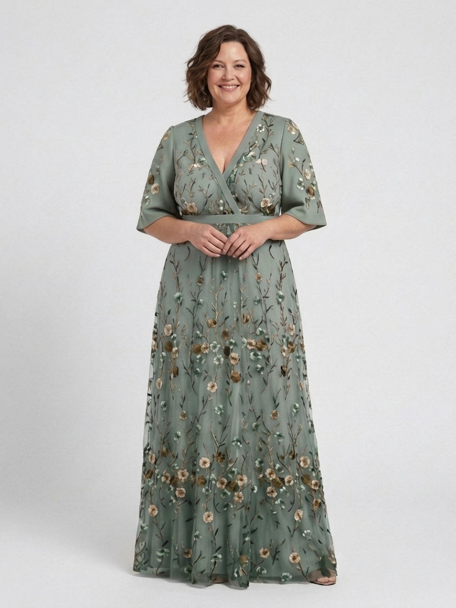 Kristin | Sequin Floral V-Neck Maxi Dress