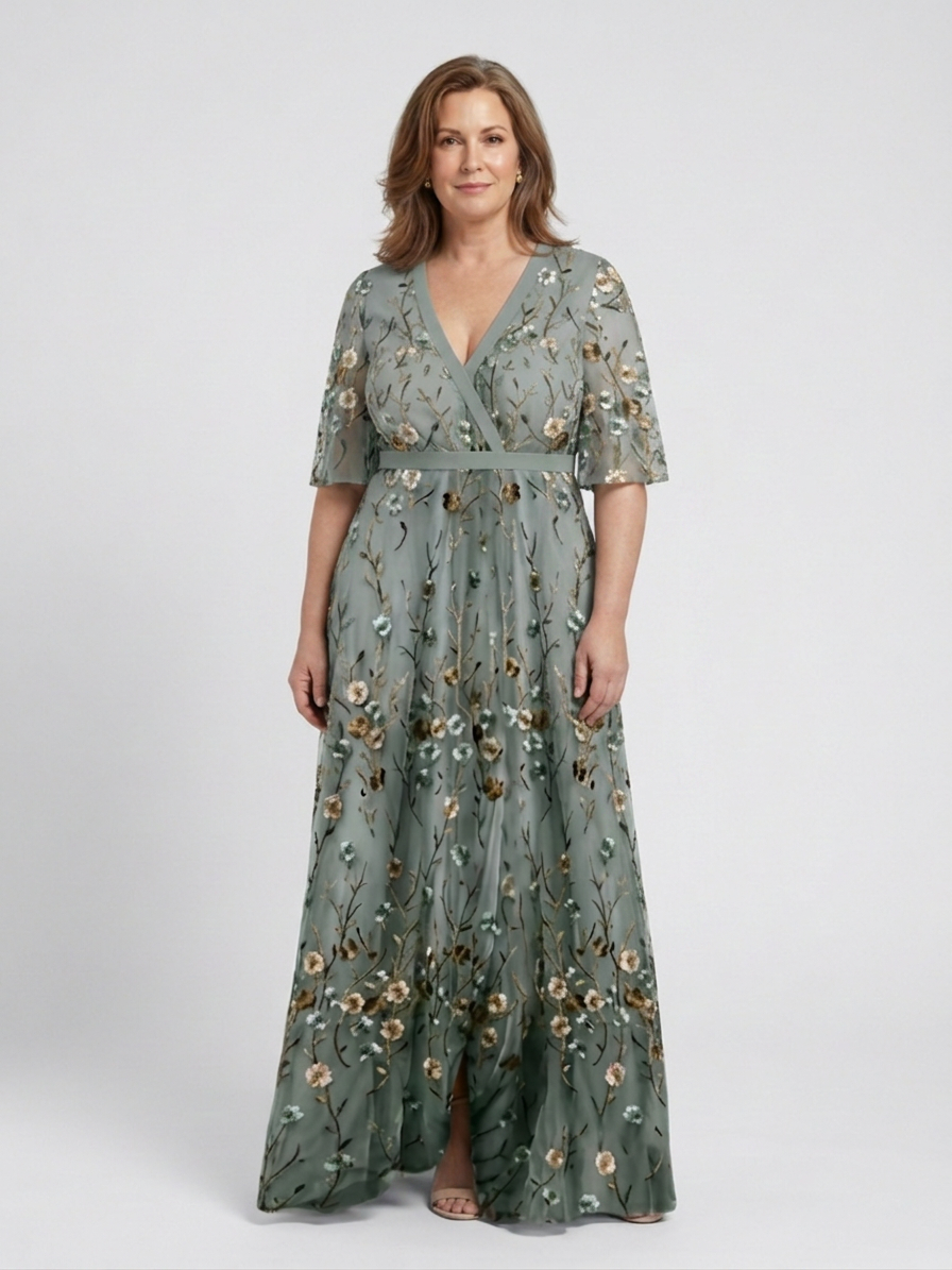 Kristin | Sequin Floral V-Neck Maxi Dress