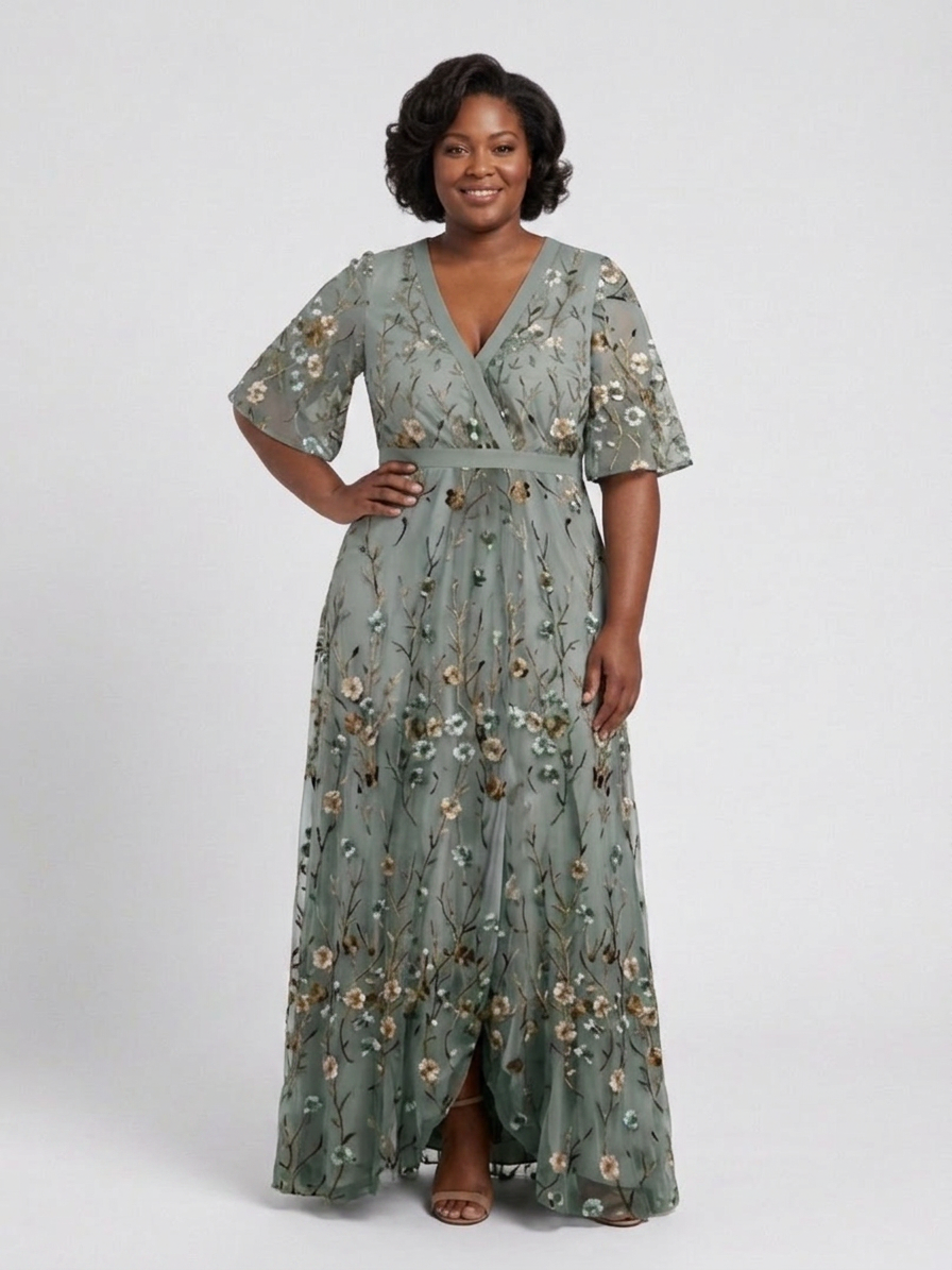 Kristin | Sequin Floral V-Neck Maxi Dress