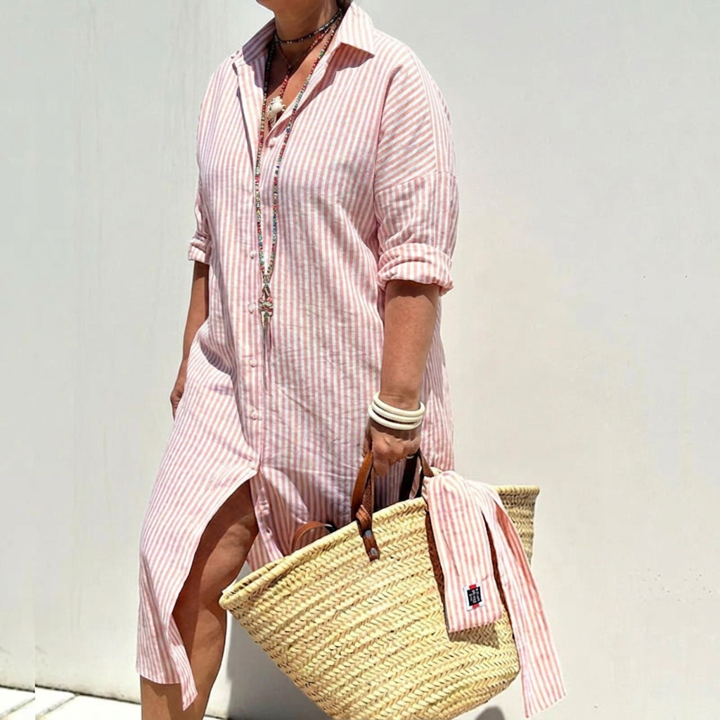 Helena Linen Striped Collared Shirt Dress