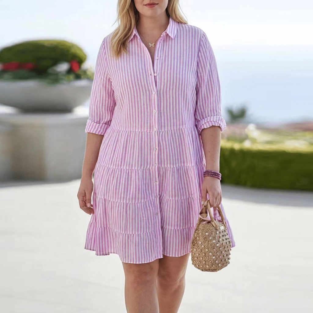 Jade Linen Striped Collared Shirt Dress – view 3