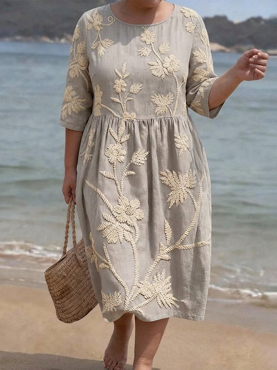 Kate Linen Floral Round Neck Knee-Length Dress