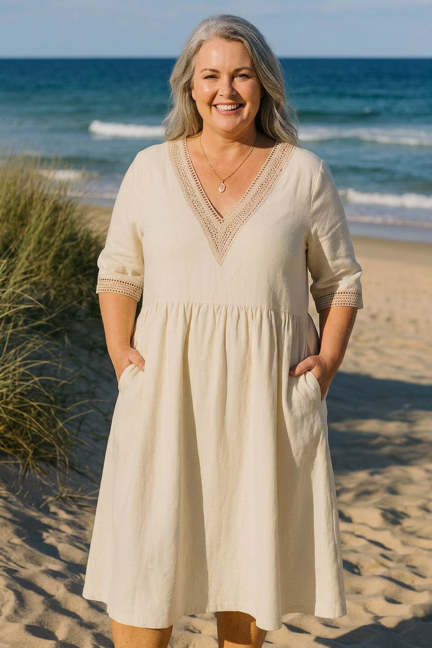 Kate Linen V-Neck Knee-Length Dress – view 2