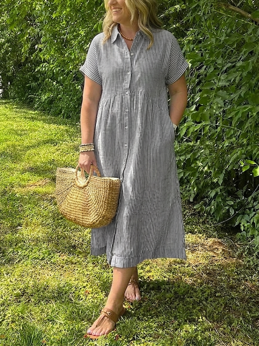Leona Linen Striped Collared Midi Dress – view 10