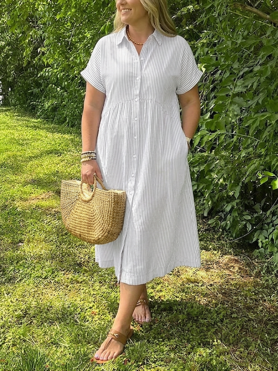 Leona Linen Striped Collared Midi Dress – view 2