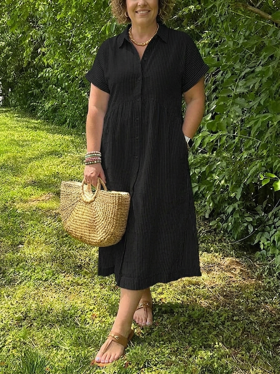 Leona Linen Striped Collared Midi Dress – view 3
