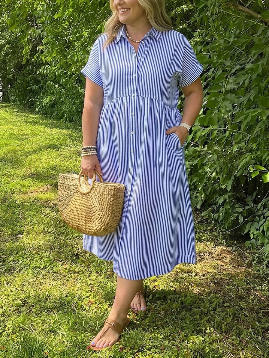 Leona Linen Striped Collared Midi Dress – view 7