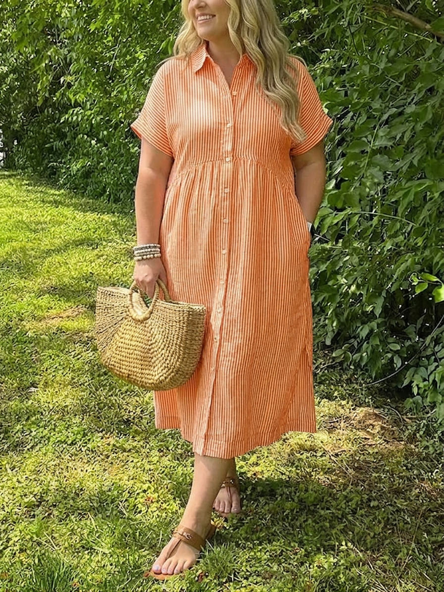 Leona Linen Striped Collared Midi Dress – view 9