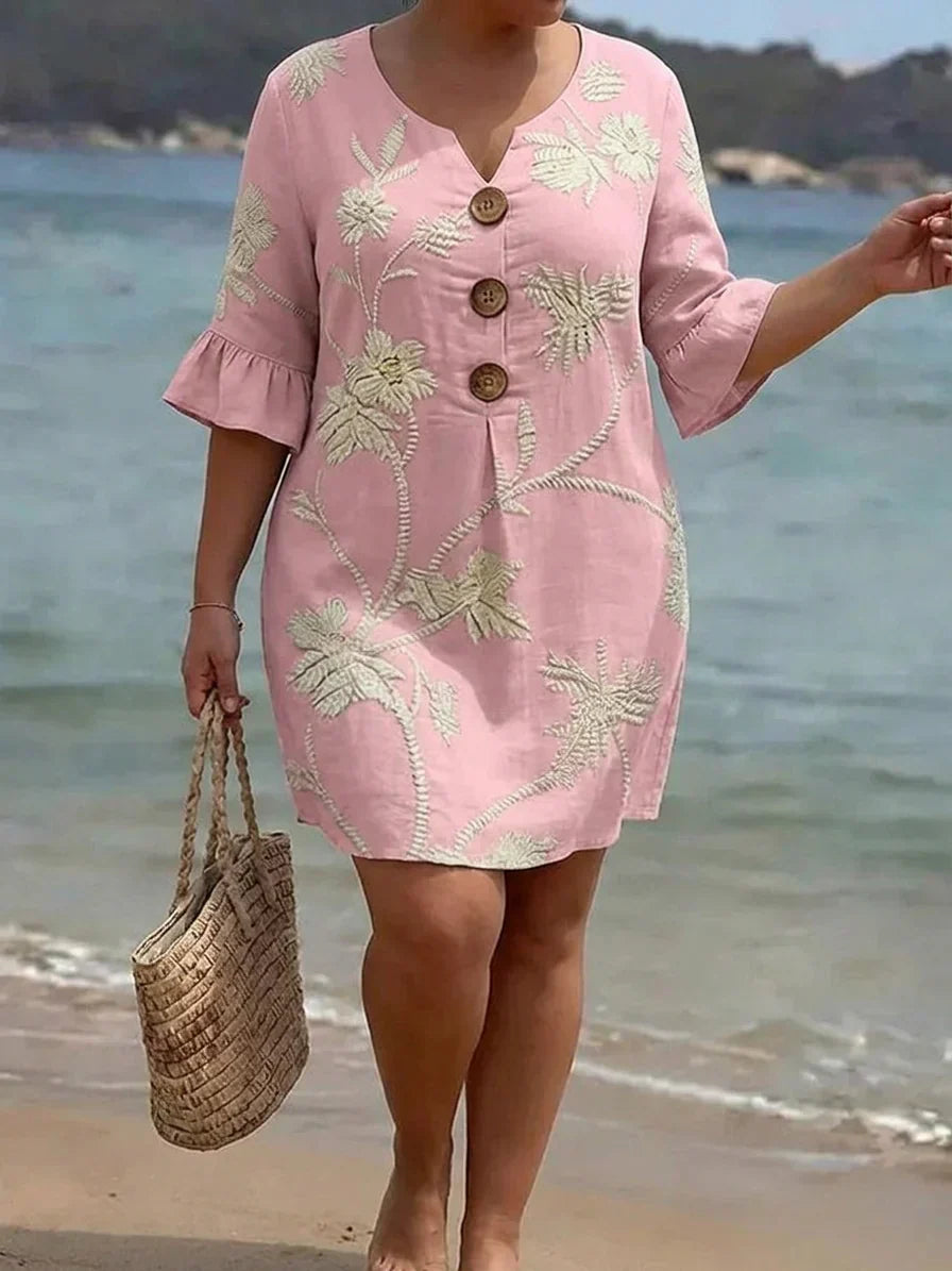 Lila Linen Tropical V-Neck Mini Dress