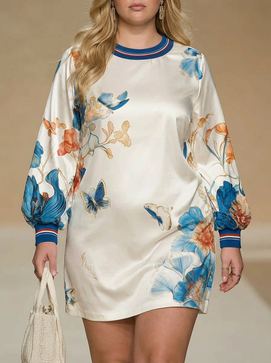 Lucia Satin Floral Round Neck Mini Dress