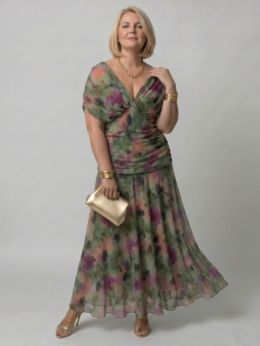 Marlene Chiffon Floral Off-Shoulder Midi Dress