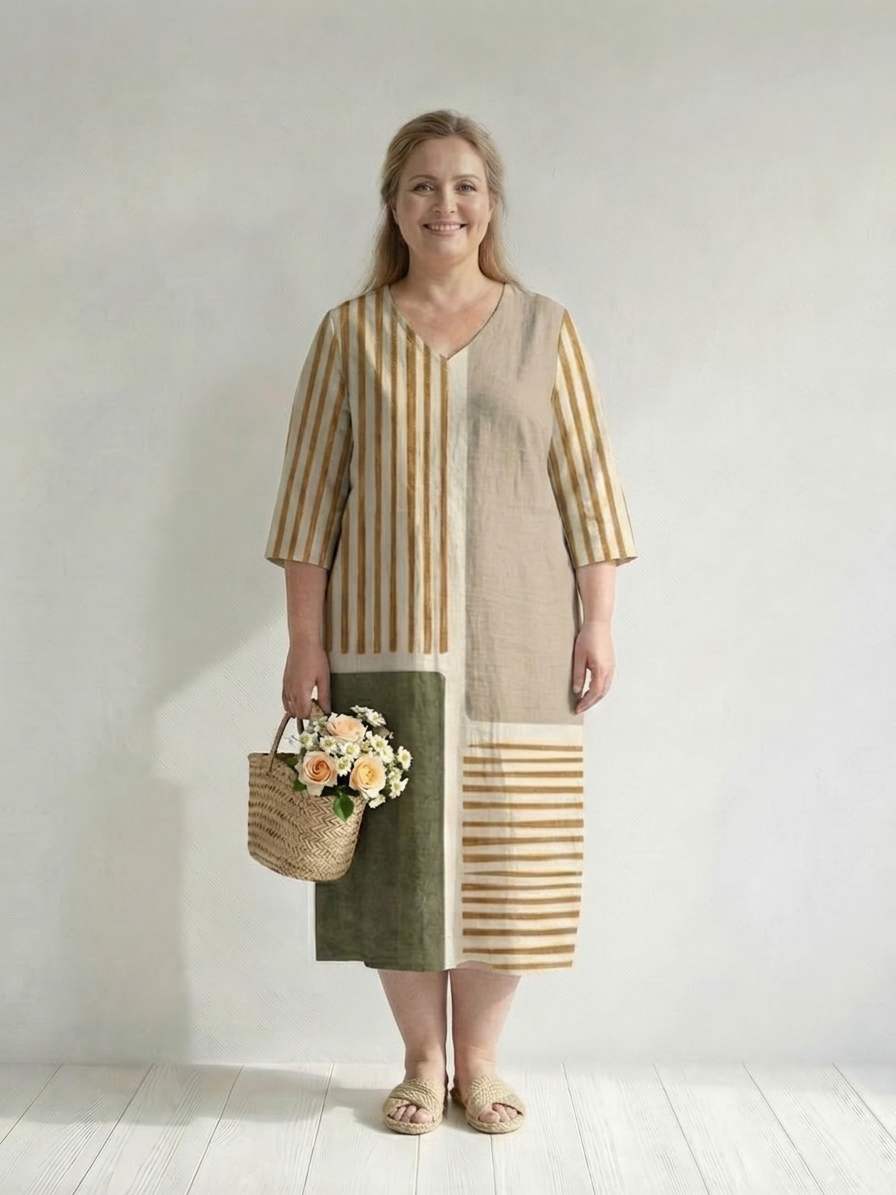 Matilda Linen Striped V-Neck Midi Dress