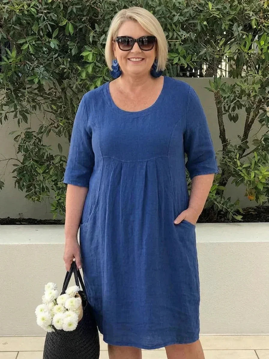 May Linen Round Neck Knee-Length Dress – view 2