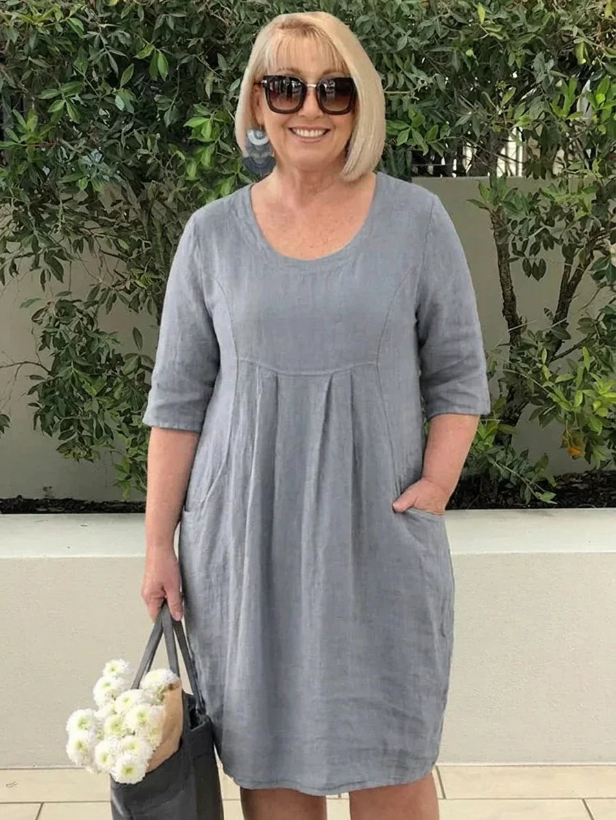 May Linen Round Neck Knee-Length Dress – view 4