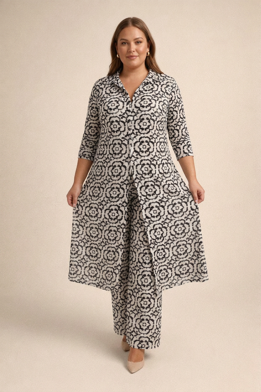 Maya Damask 3/4 Sleeve Two-Piece Set